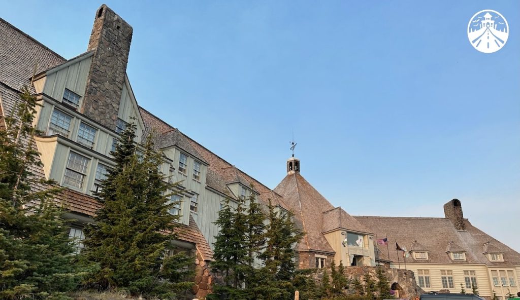 A front view of the Timberline Lodge from The Shining