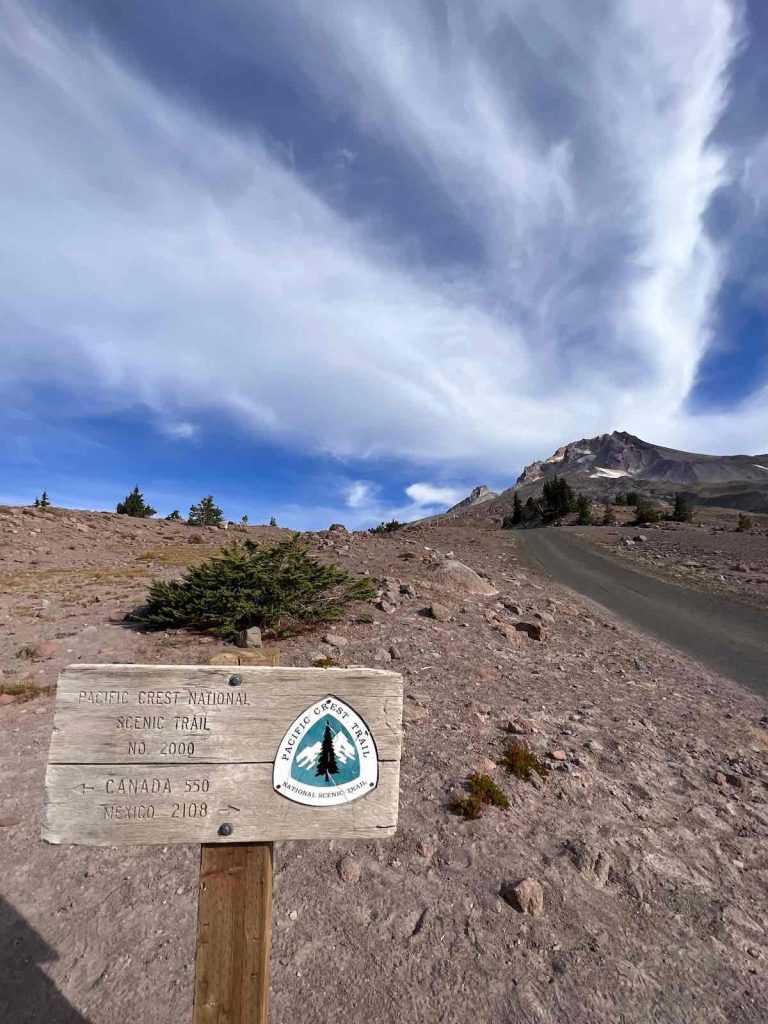 The Pacific Crest trail  sign behind Timberline Lodge, Oregon