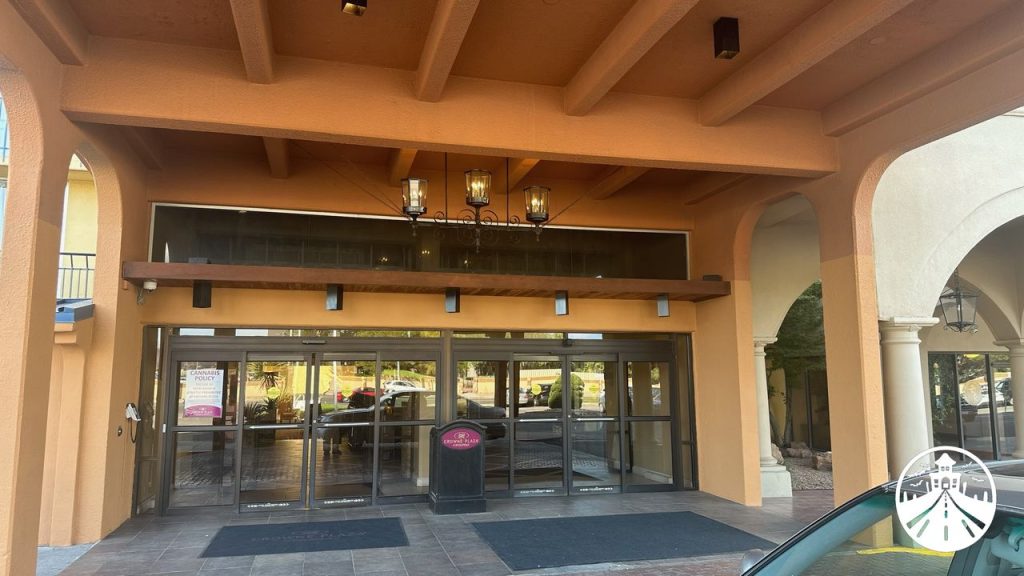 The lobby doors at the Crowne Plaza hotel in Albuquerque
