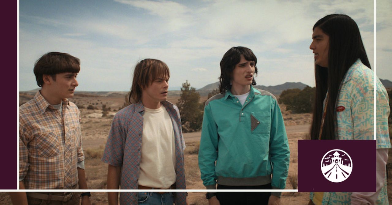 Stranger Things Season 4 New Mexico filming locations, featuring a desert landscape with clear skies and iconic Southwestern scenery and four of the show's lead characters.